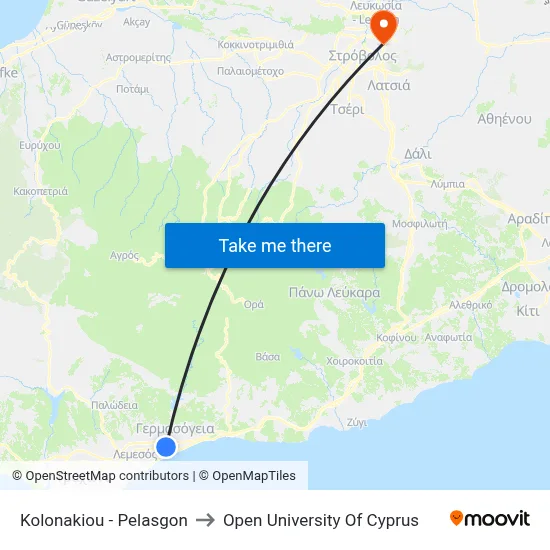 Kolonakiou - Pelasgon to Open University of Cyprus map