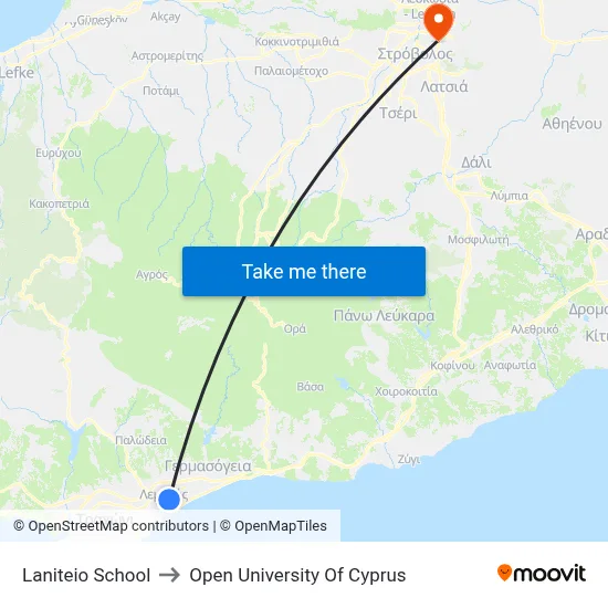Laniteio School to Open University of Cyprus map