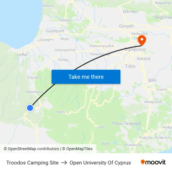 Troodos Camping Site to Open University of Cyprus map