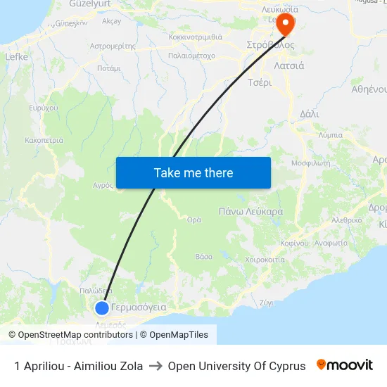 1 Apriliou - Aimiliou Zola to Open University of Cyprus map