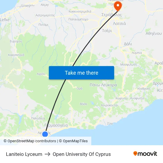 Laniteio Lyceum to Open University of Cyprus map