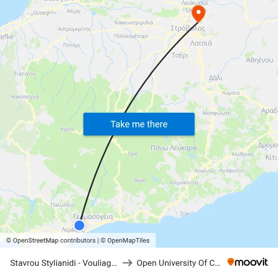 Stavrou Stylianidi - Vouliagmenis to Open University of Cyprus map