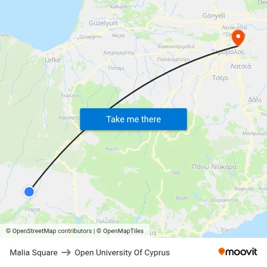 Malia Square to Open University of Cyprus map