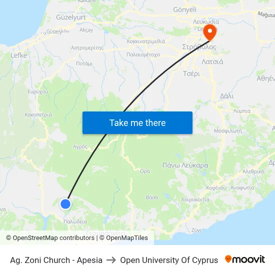 Ag. Zoni Church - Apesia to Open University of Cyprus map