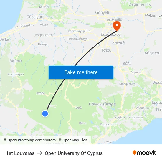 1st Louvaras to Open University of Cyprus map