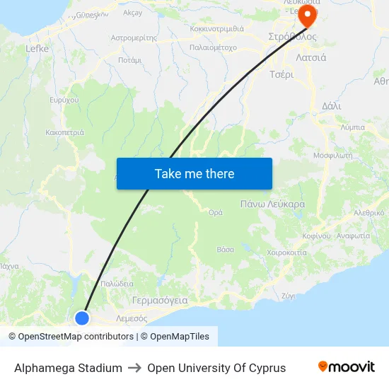 Alphamega Stadium to Open University of Cyprus map