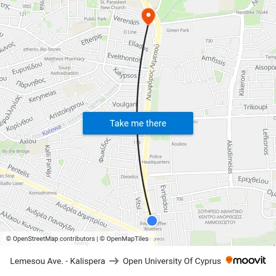Lemesou Avenue - Kalispera to Open University of Cyprus map