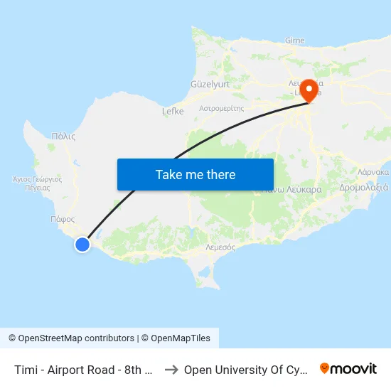 Timi - Airport Road - 8th Stop to Open University of Cyprus map