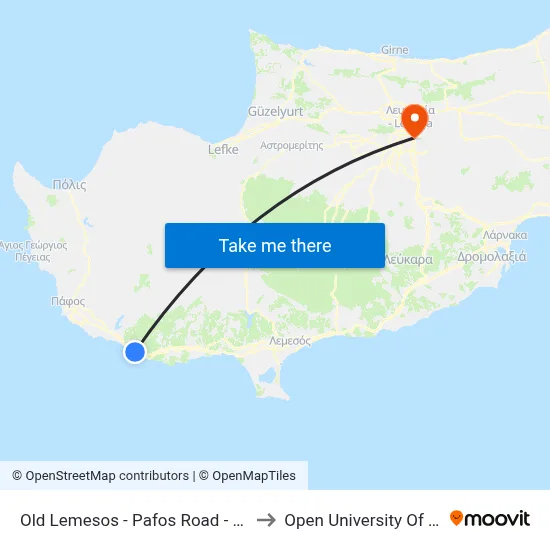 Old Limassol - Paphos Road - 13th Stop to Open University of Cyprus map