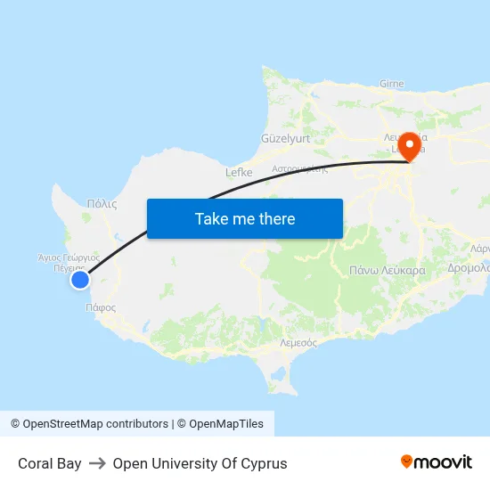 Coral Bay to Open University of Cyprus map