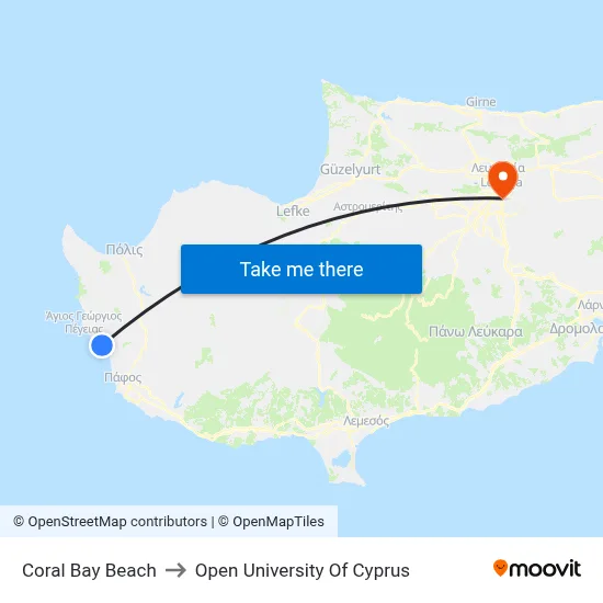 Coral Bay Beach to Open University of Cyprus map