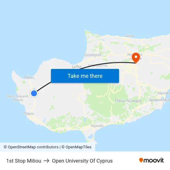 1st Stop Miliou to Open University of Cyprus map