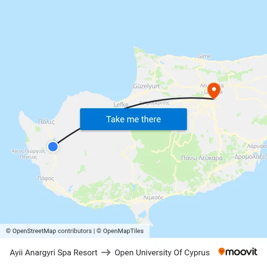Ayii Anargyri Spa Resort to Open University of Cyprus map