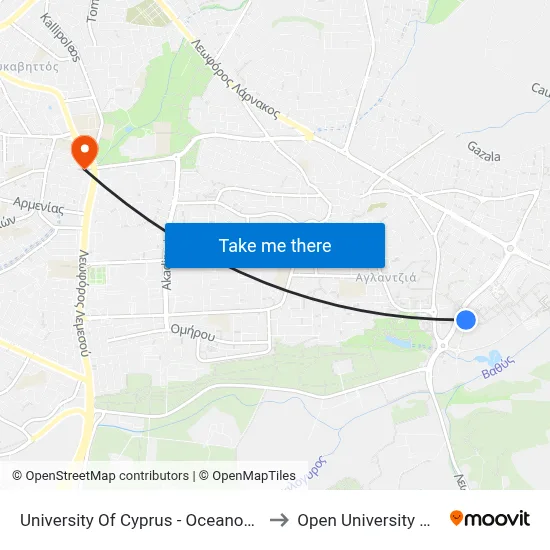University of Cyprus - Oceanography Center to Open University of Cyprus map