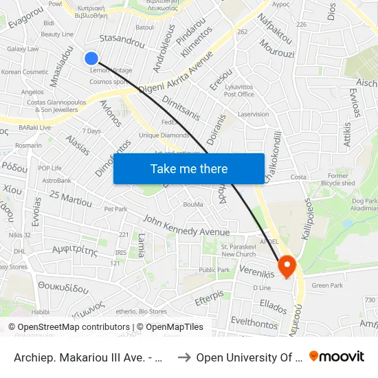 Archbishop Makarios III Ave. - Mnasiadou to Open University of Cyprus map
