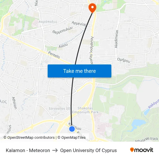 Kalamon - Meteoron to Open University of Cyprus map