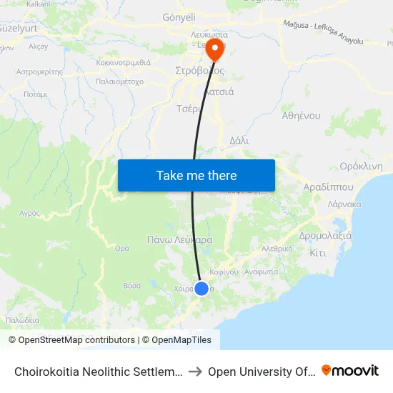 Choirokoitia Neolithic Settlement (Oasis) to Open University of Cyprus map