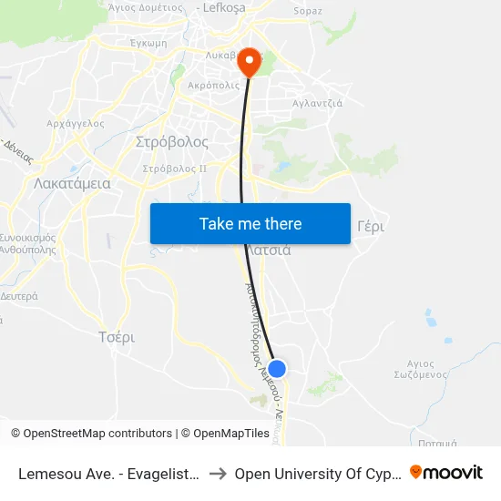 Lemesos Ave. - Evangelistria to Open University of Cyprus map