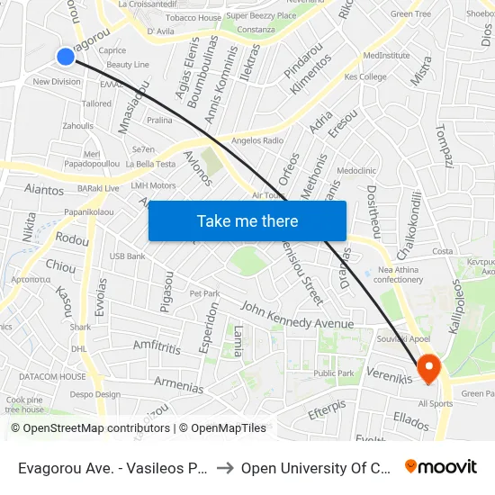 Evagorou Ave. - Vasileos Pavlou to Open University of Cyprus map