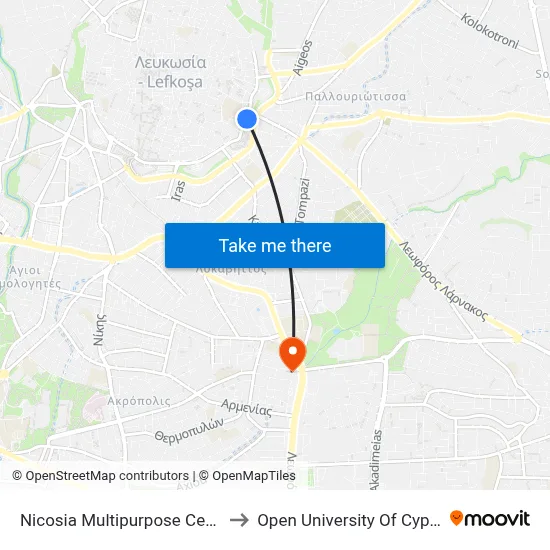 Nicosia Multipurpose Centre to Open University of Cyprus map