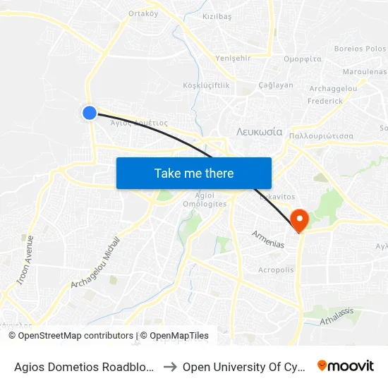 Ag. Dometios Roadblock to Open University of Cyprus map