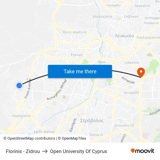 Florinis - Zidrou to Open University of Cyprus map