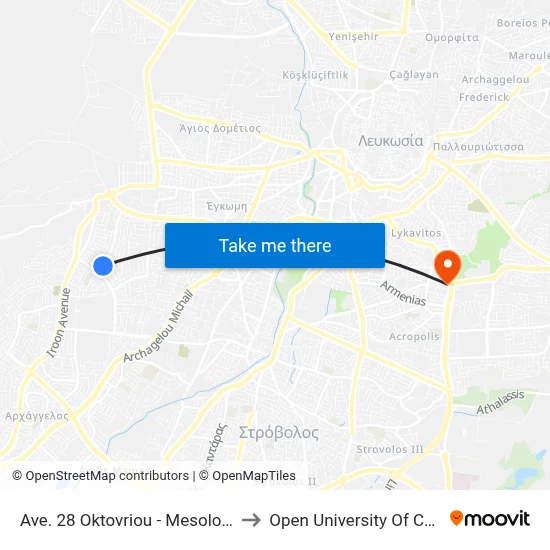 28th October Avenue - Mesolongiou to Open University of Cyprus map