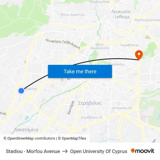Stadium - Morphou Avenue to Open University of Cyprus map