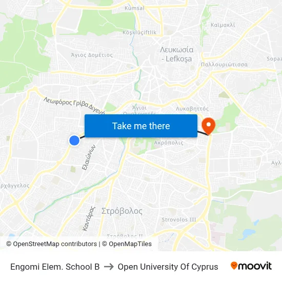 Engomi Elem. School B to Open University of Cyprus map