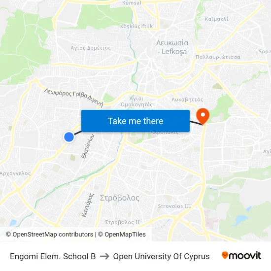 Engomi Elem. School B to Open University of Cyprus map