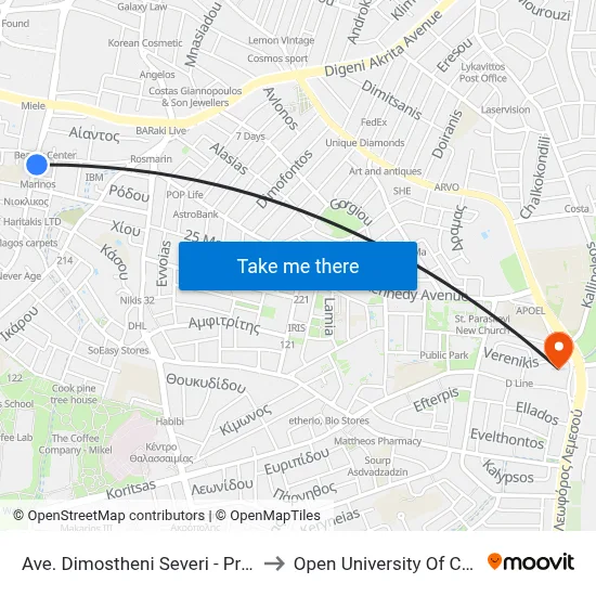 Dimostheni Severi Avenue - Prespas to Open University of Cyprus map