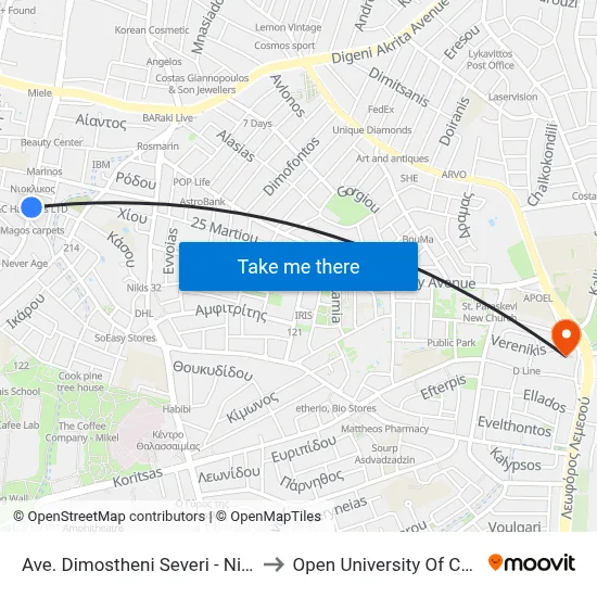 Demosthenes Severi Avenue - Nikitara to Open University of Cyprus map