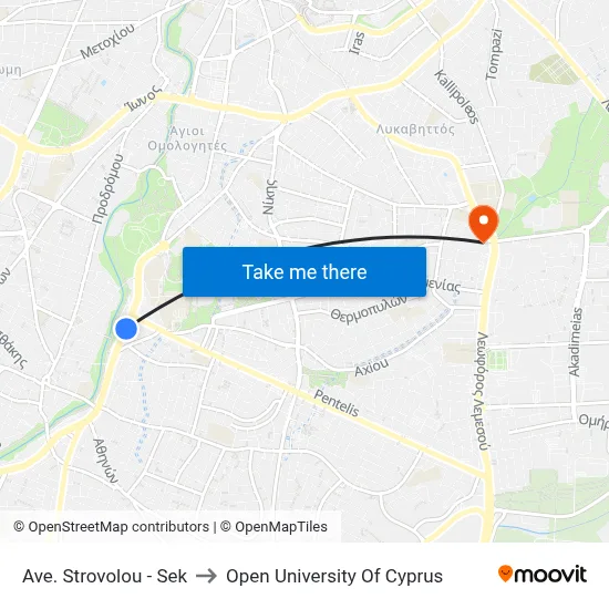 Ave. Strovolou - Sek to Open University of Cyprus map