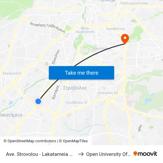 Ave. Strovolou - Lakatameia Roundabout to Open University of Cyprus map