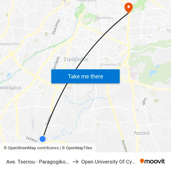 Ave. Tseriou - Paragogikotitas to Open University of Cyprus map