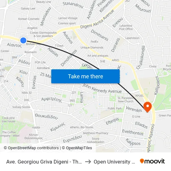 Georgiou Griva Digeni Ave - Themistokli Dervi to Open University of Cyprus map