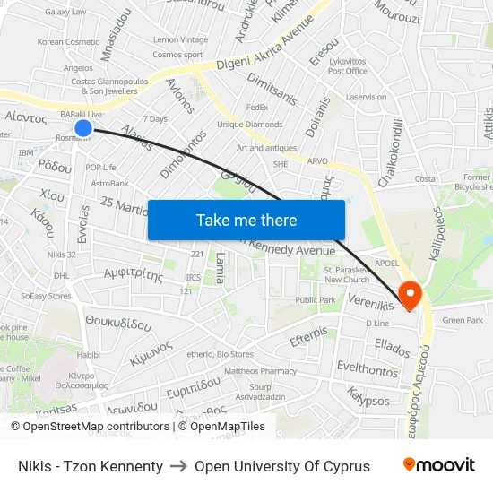Niki - John Kennedy to Open University of Cyprus map