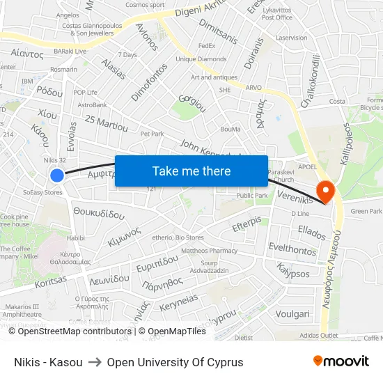Nikis - Kasou to Open University of Cyprus map