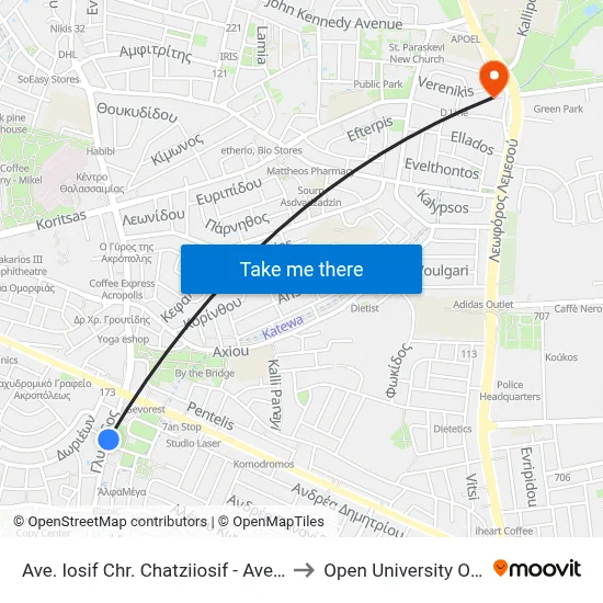 Iosif Chr. Chatziiosif Ave. - Athalassa Ave. to Open University of Cyprus map