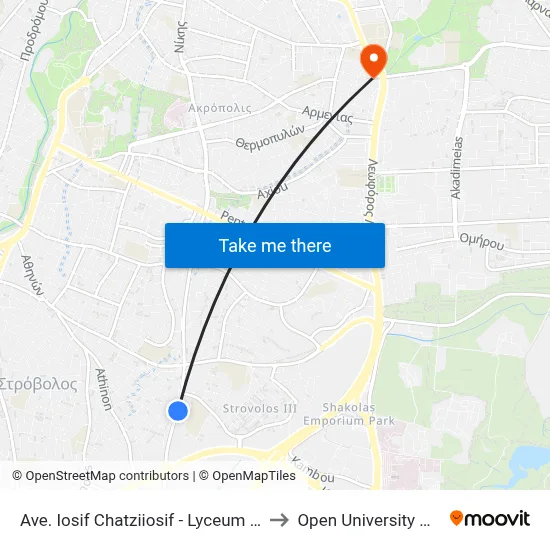 Ave. Iosif Chatziiosif - Lyceum Ap. Varnavas to Open University of Cyprus map