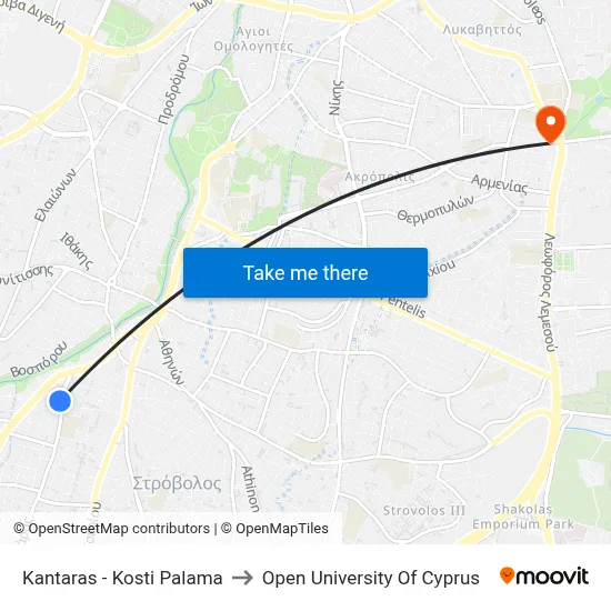Kantara - Kosti Palama to Open University of Cyprus map