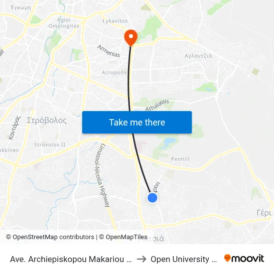 Ave. Arch. Makariou C - Petrou Iliadi to Open University of Cyprus map