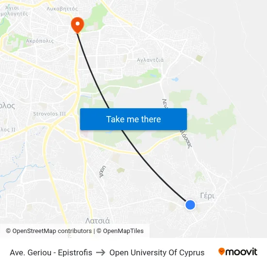 Geriou Avenue - Epistrofis to Open University of Cyprus map