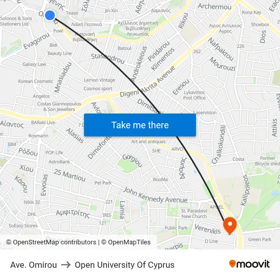 Omirou Avenue to Open University of Cyprus map