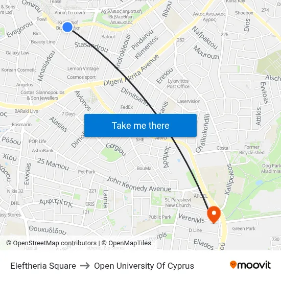 Eleftheria Square to Open University of Cyprus map