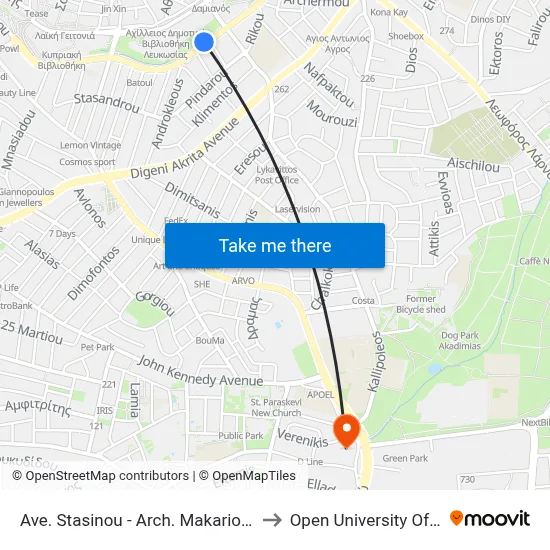 Ave. Stasinou - Arch. Makariou B Square to Open University of Cyprus map