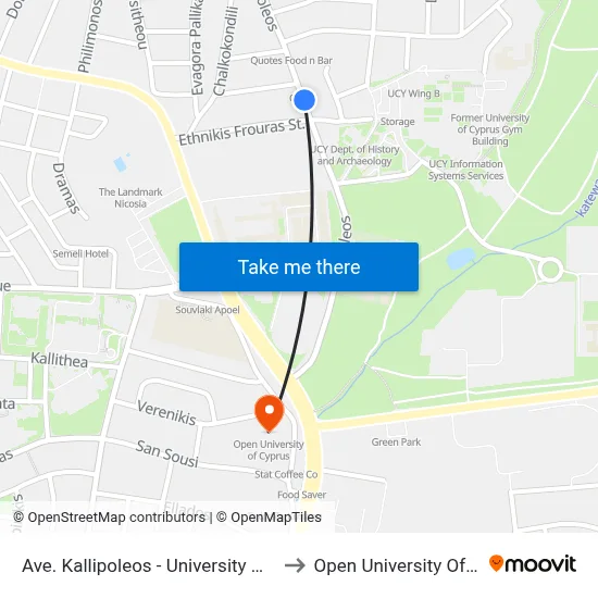 Ave. Kallipoleos - University Of Cyprus to Open University of Cyprus map