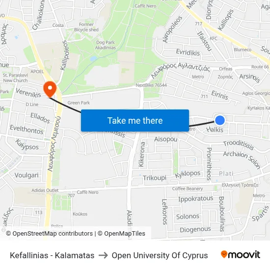 Kefallinias - Kalamatas to Open University of Cyprus map