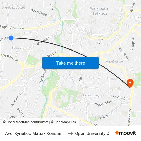 Kyriakou Matsi Avenue - Konstantinou Kanari to Open University of Cyprus map