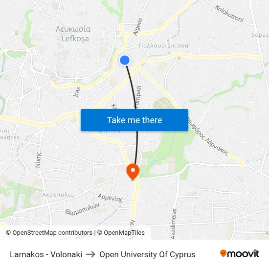 Larnaca - Volonaki to Open University of Cyprus map